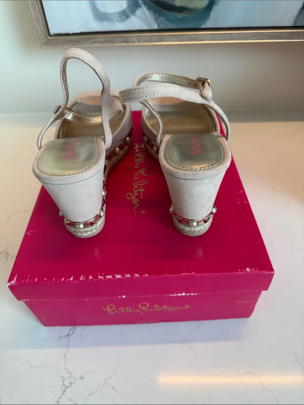 Suede Pearl-Stud Wedge Sandals - Blush